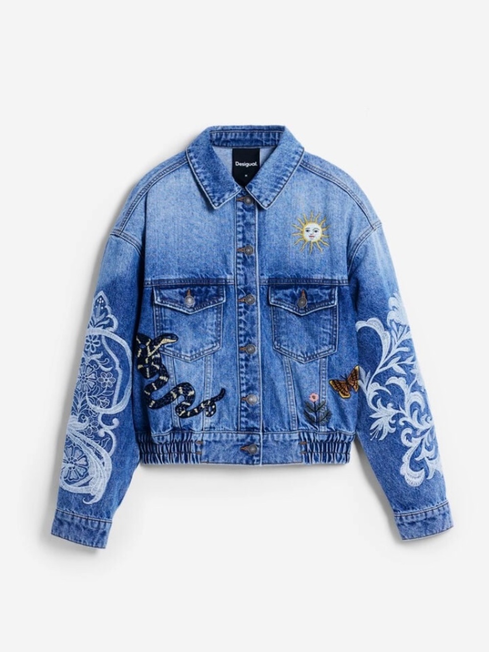 Embroidered desigual jean trucker jacket denim S medium 100% cotton relaxed fit